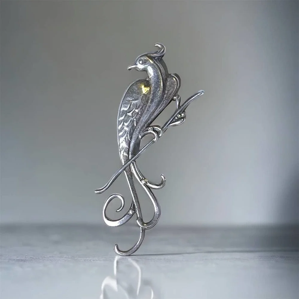 Vintage Bird of Paradise Brooch 925 Silver with Rhinestones